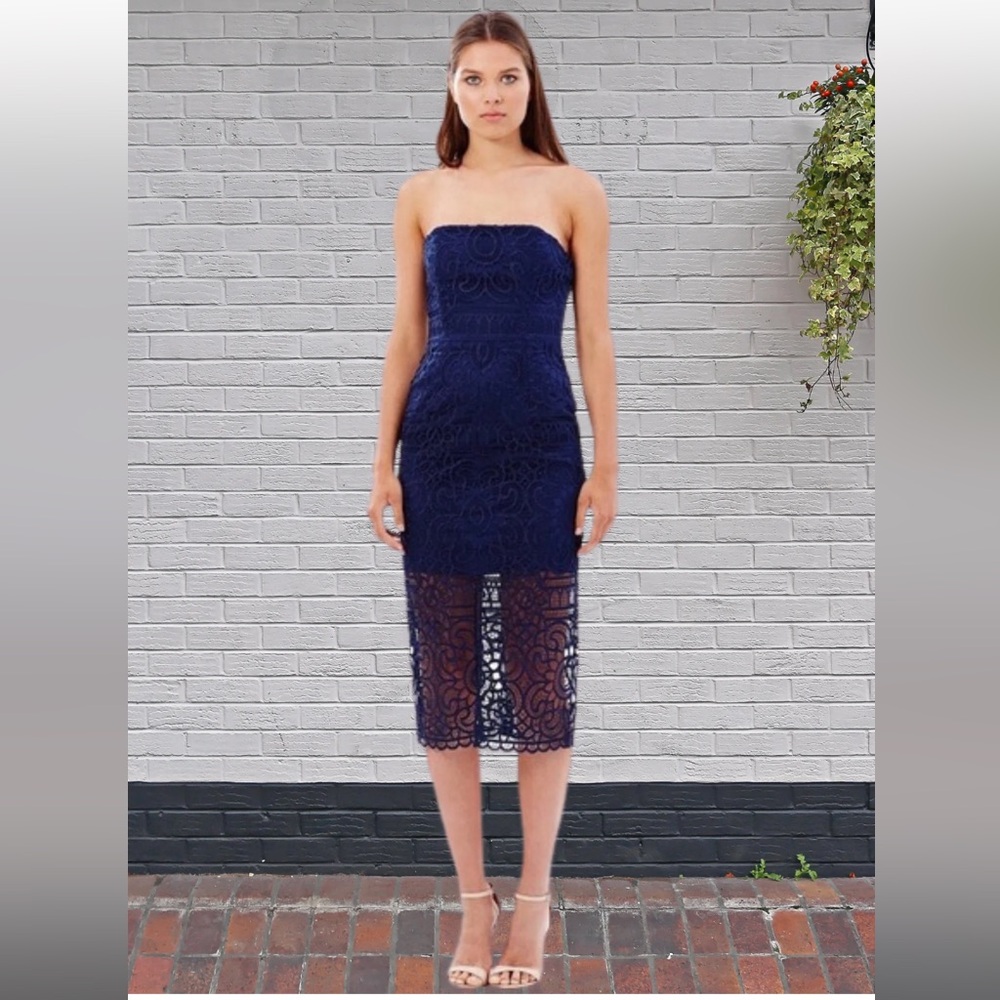 Nicholas Navy Lace Sheath Midi Cocktail Dress